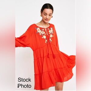 FREE PEOPLE Spell On You Sz Sm Embroidered Tiered Peasant Mini Dress Orange #622